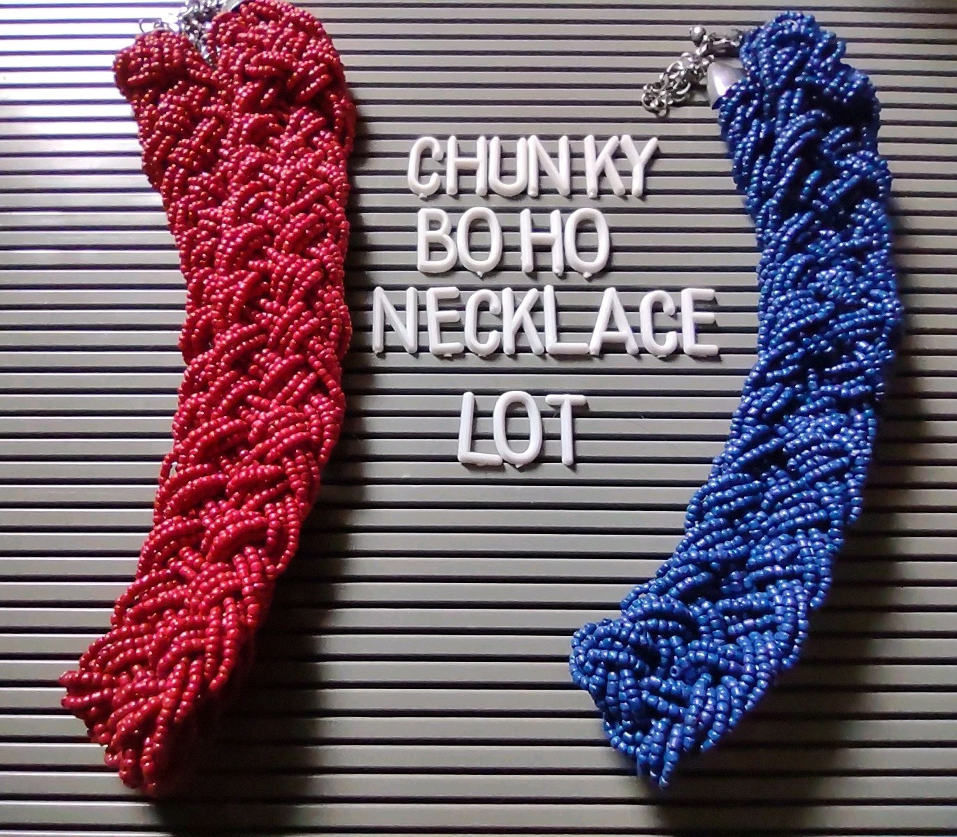 Statement Boho Glass Seed Bead Necklace Jewelry Lot Red Blue Chunky Braided