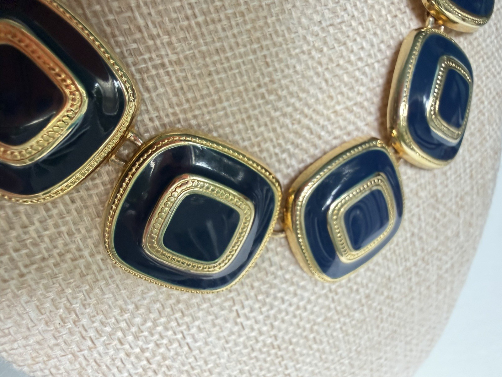 Vintage Gold Tone Navy Blue Enamel Geometric Statement Necklace Choker Collar