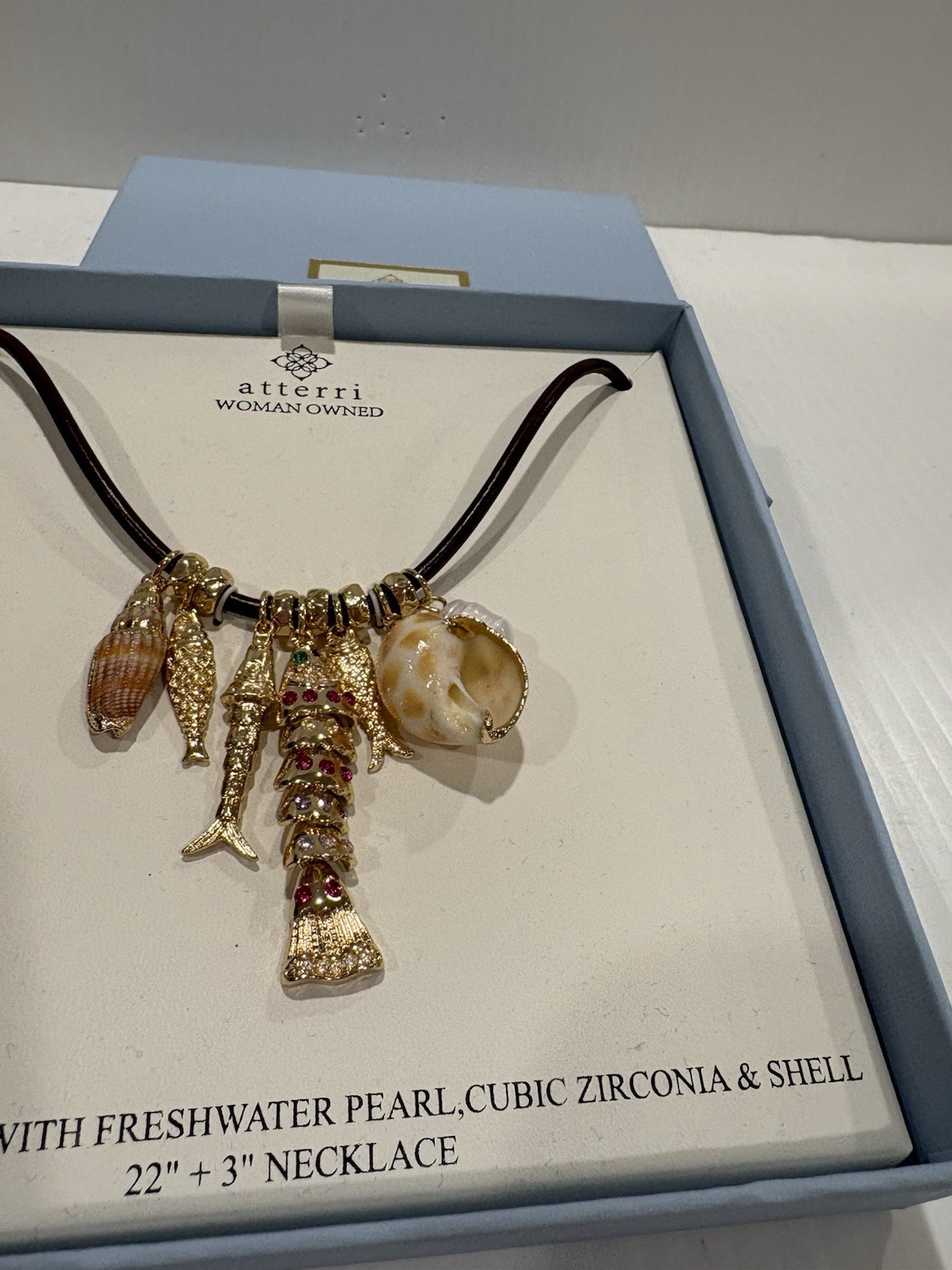 ATTERRI CHARM NECKLACE GENUINE LEATHER W FRESH WATER PEARL CUBIC ZIRCONIA &SHELL