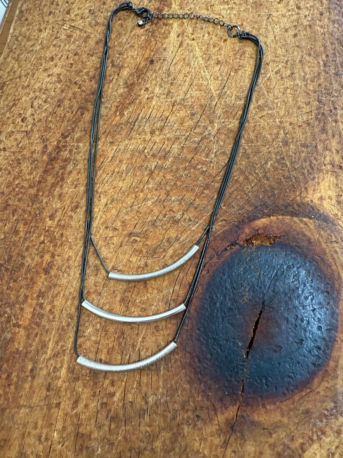 Black Cord Chain Necklace Silver Tone Curved Bar Pendant Adjustable Lobster