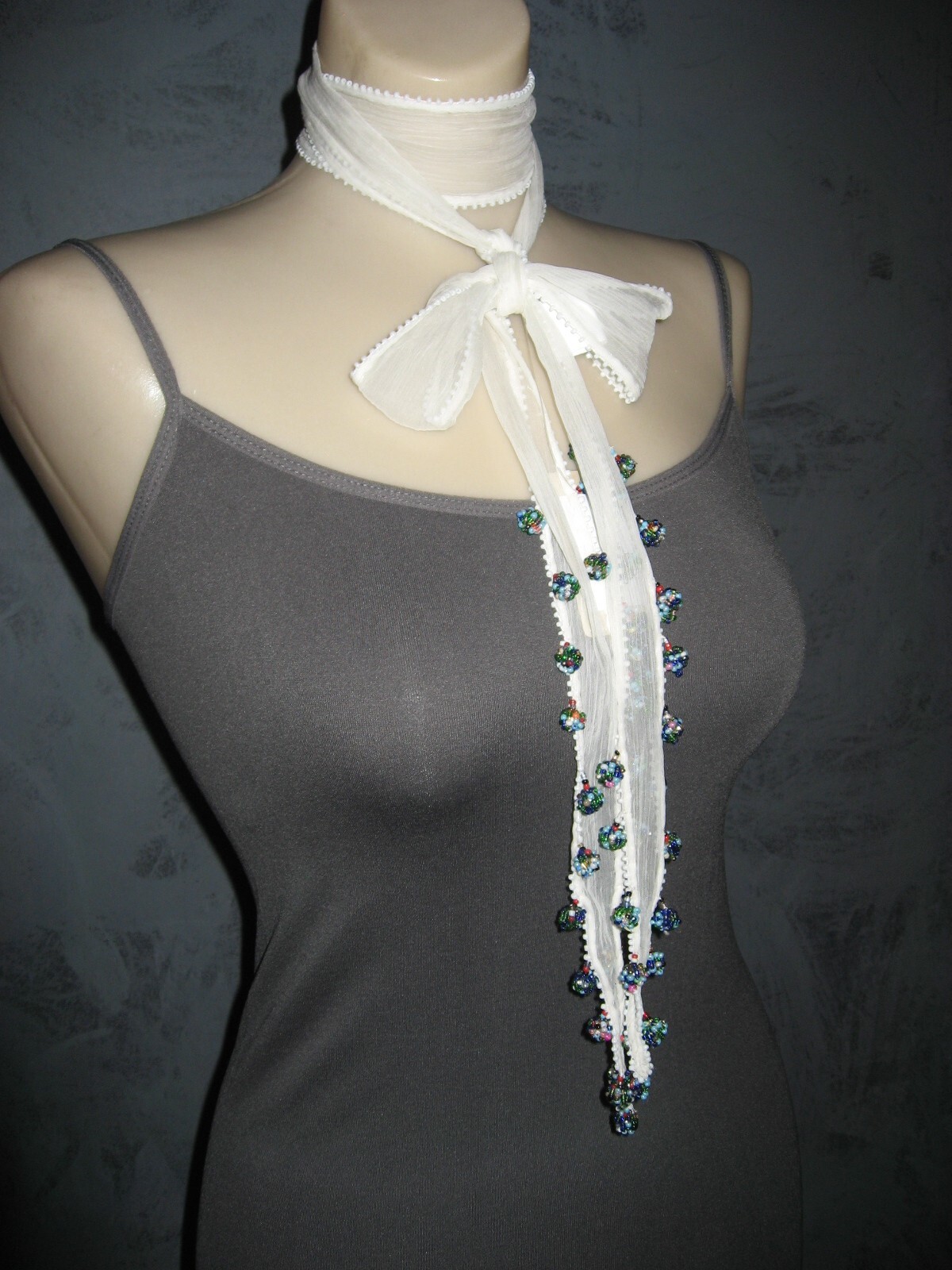 Chan Luu Scarf Skinny Tie White Sheer Organza Gumball Beading Bright Colors NWT