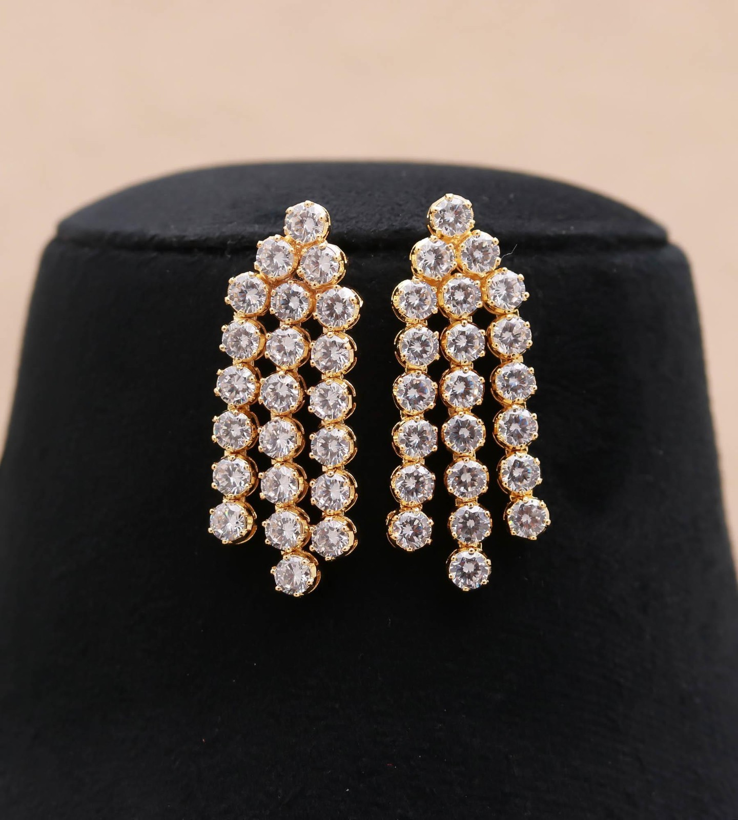 Cubic Zircon Triple Strand Necklace Earrings Set, Gold Plated Bridal Wedding