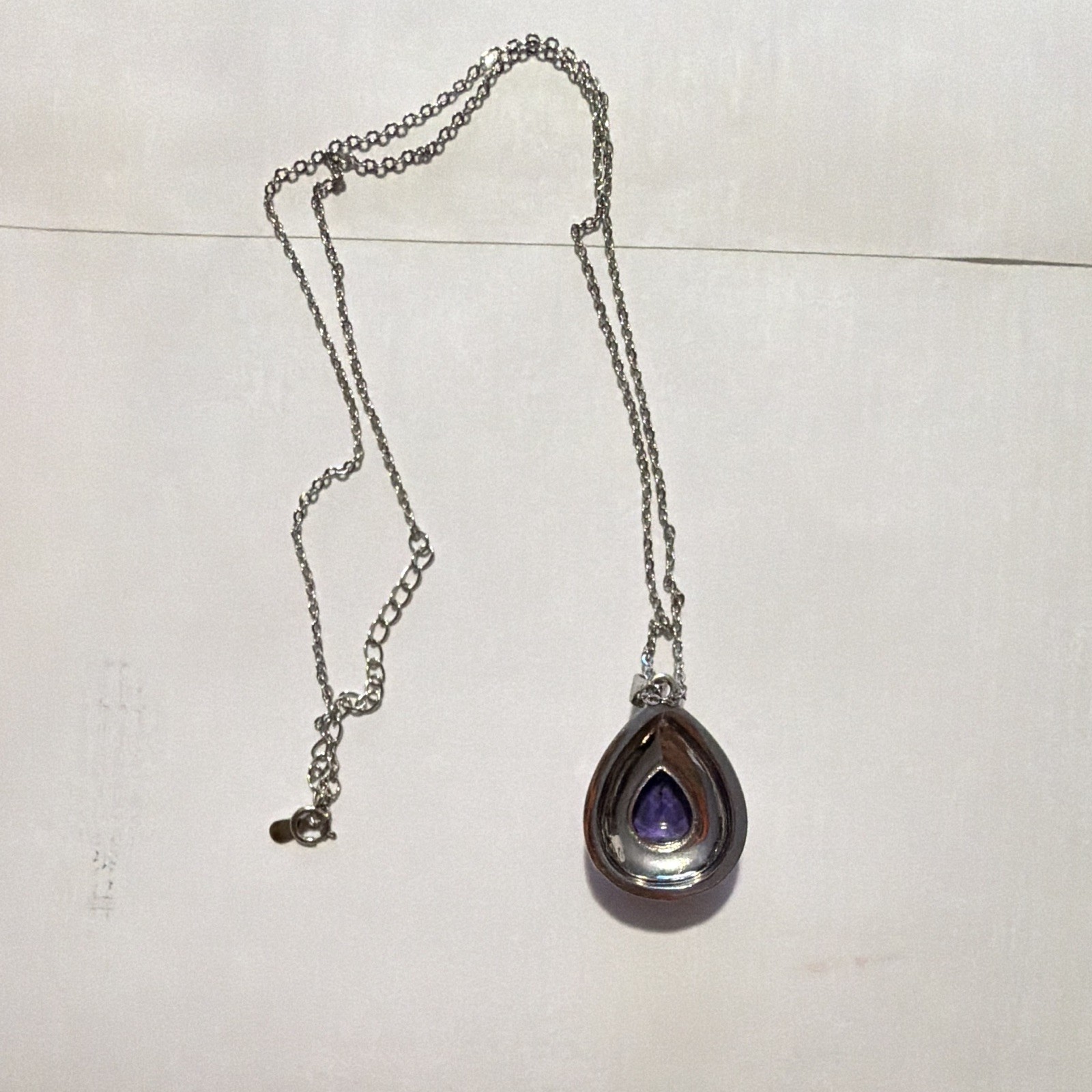 Silver Tone Teardrop Pendant Necklace Purple Pink Crystal Rhinestone Cable