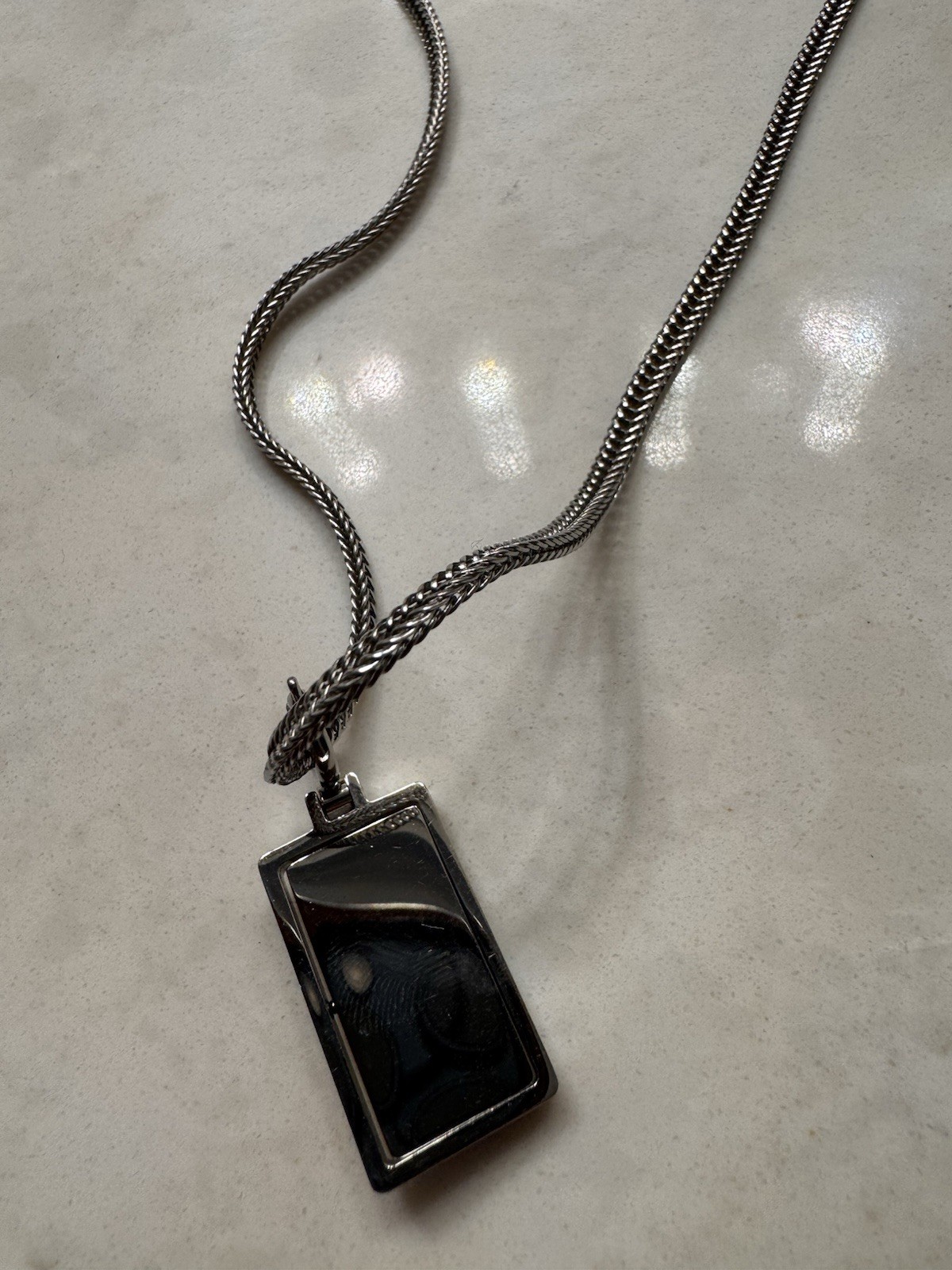 BLACKHEAD Silver Snake Chain Rectangle Locket Pendant Necklace, Herringbone