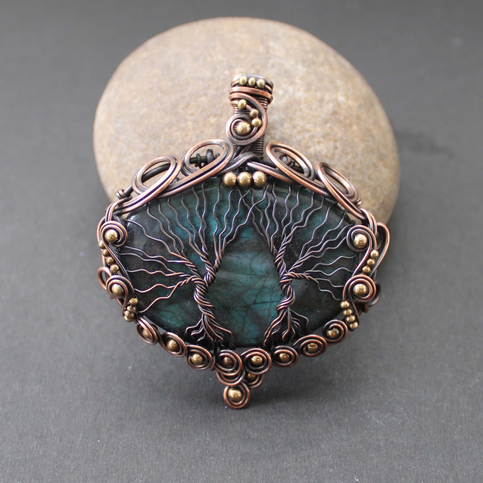Labradorite Jewelry Copper Wire Wrapped Pendant Double Tree Of Life Pendant