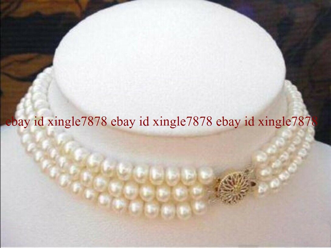 3 Strand Natural 7-8mm Freshwater Cultured Pearl Choker Necklace 17-19”