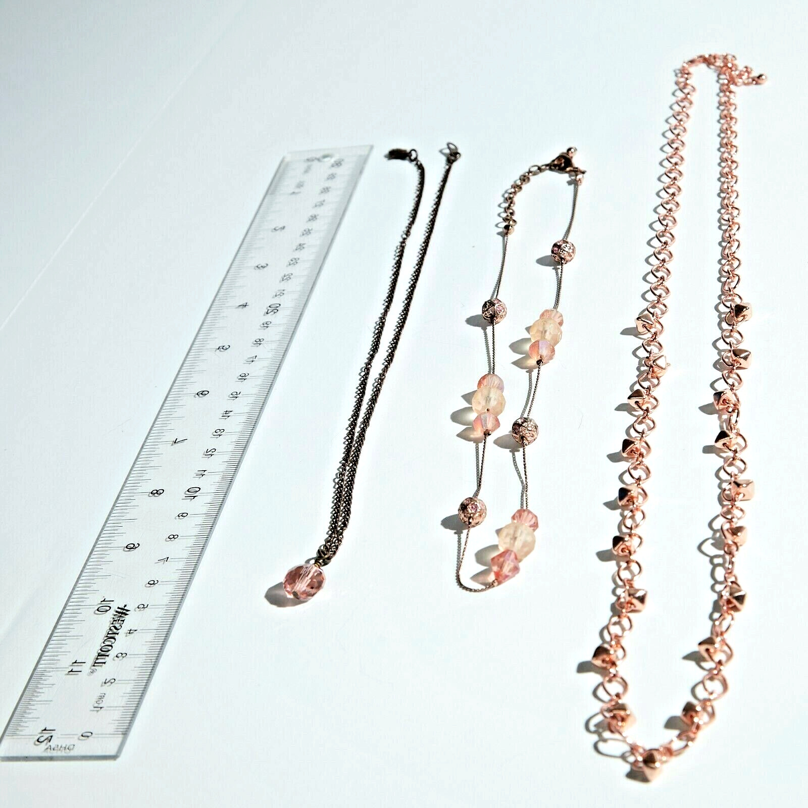 Lot of Three Copper tone Necklaces metal, glass beads, 18″ 28″ 29″ Lengths