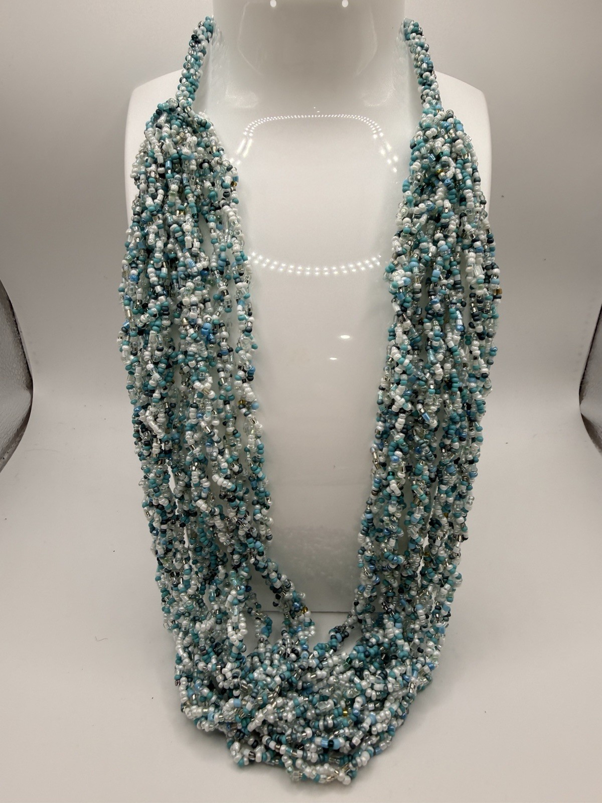 Seed Bead Necklace Blue White Made in Nepal Multi Strand Button Closure 20”