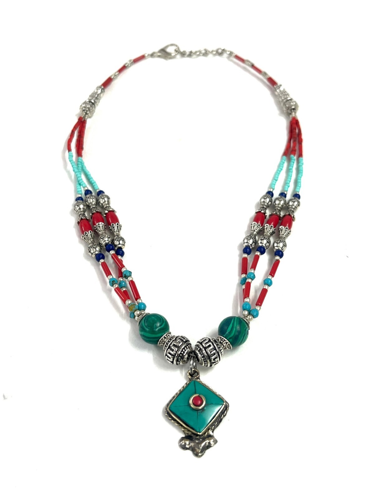Antique Turquoise Coral Gemstone Tibetan Style Necklace Jewelry, 17 Inc Adjs