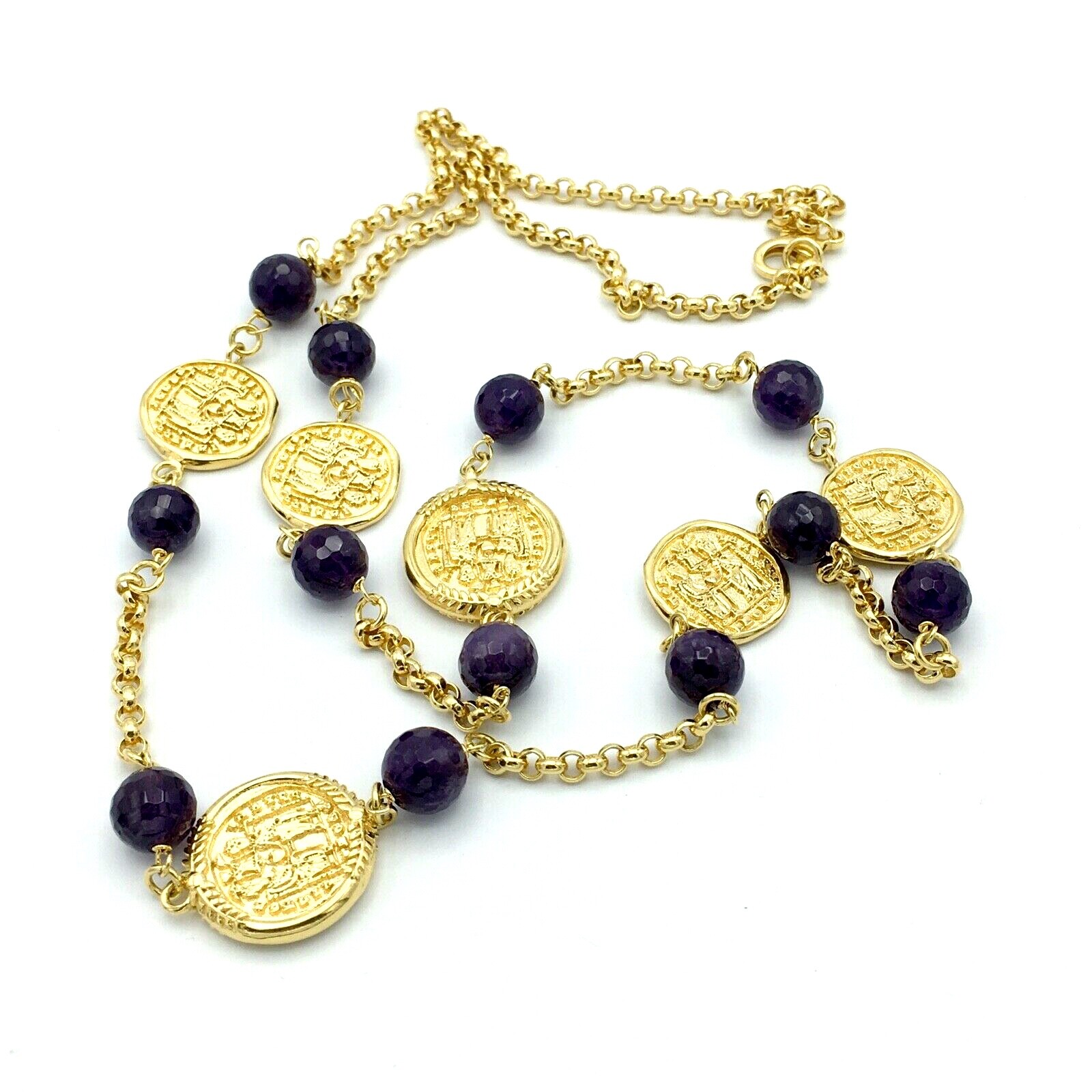 BRONZALLURE faux coin necklace – amethyst bead gold-plated station Italy 35″