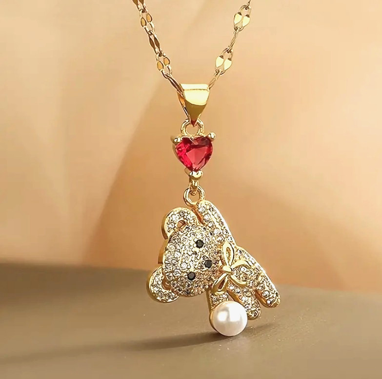 Gold Titanium Love Red Heart Teddy Bear Pave CZ Pearl Pendant Chain Necklace