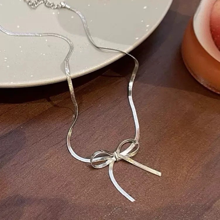 925 Silver Bow Necklace Snake Chain Choker Ribbon Pendant Necklace Coquette 054