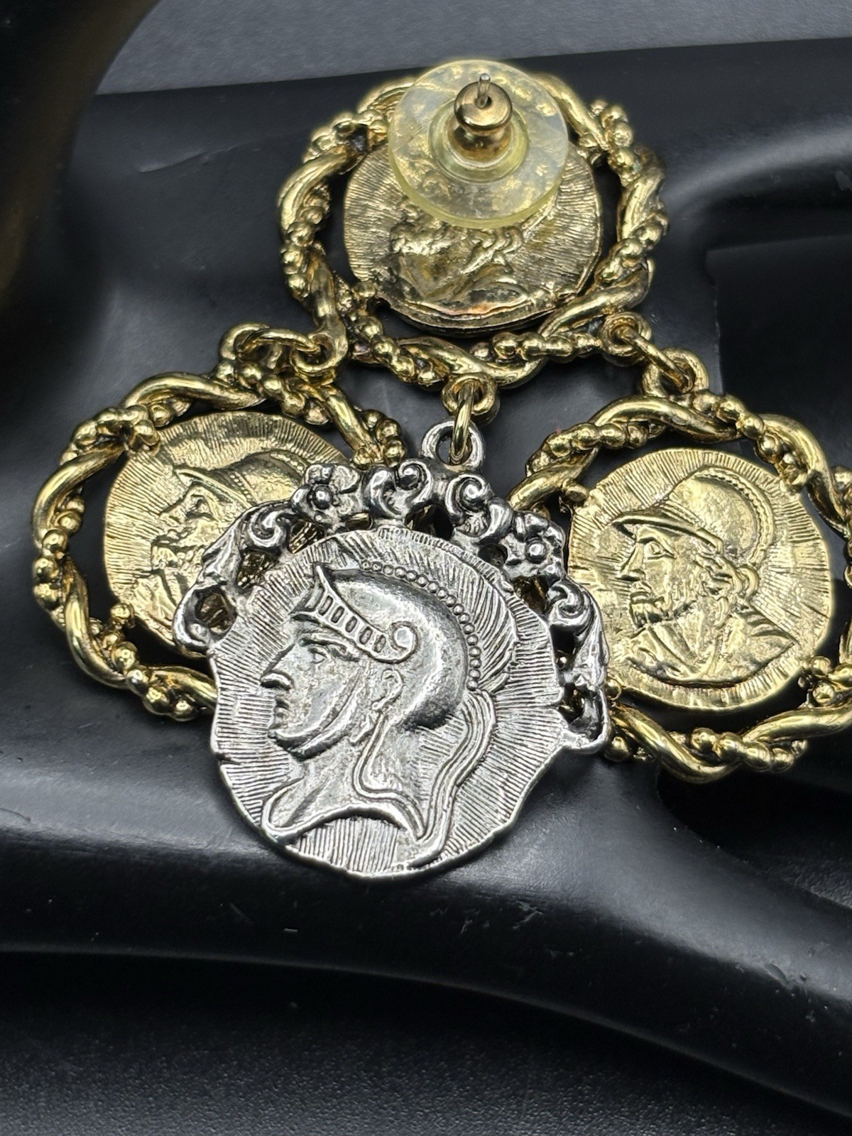 coin charm necklace Earrings Set Layered Two Tone Roman Greek Soldier Medallion