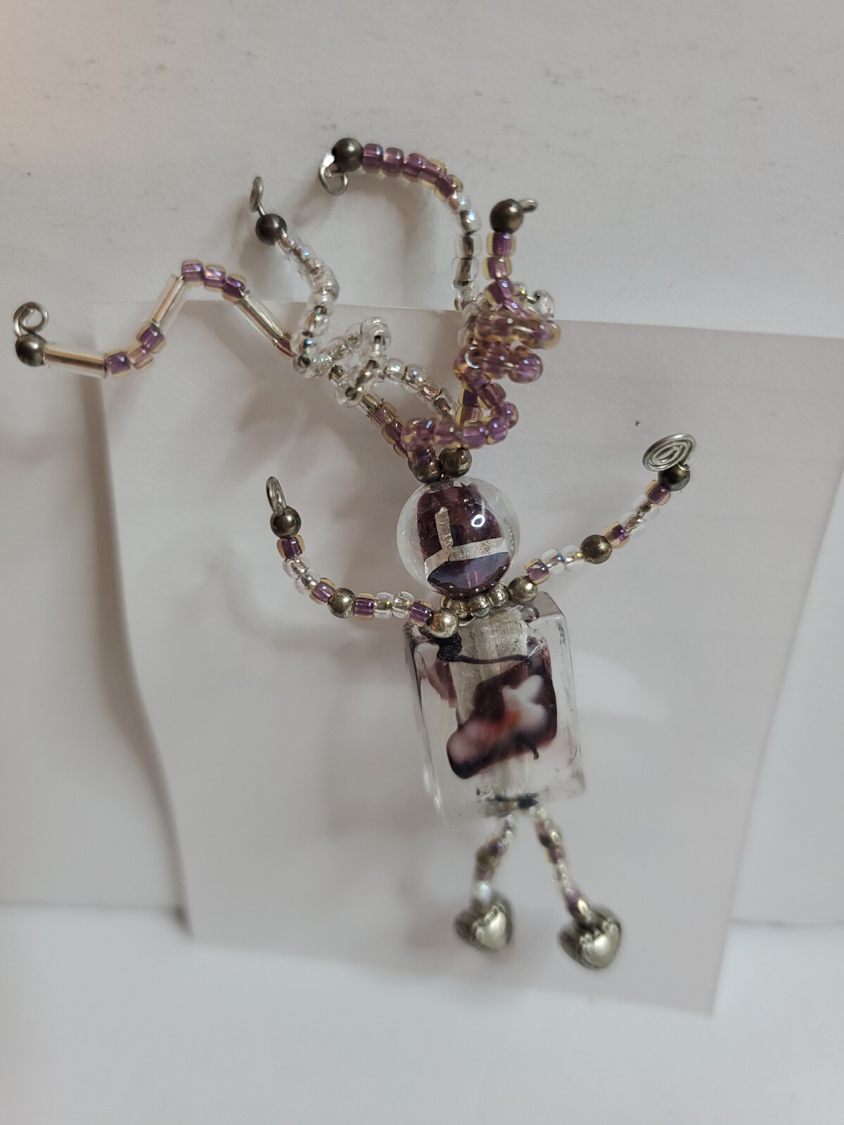 Brooch Pin Handmade Bead Person Jewelry Pink Gray White 3″ tall Adjustable