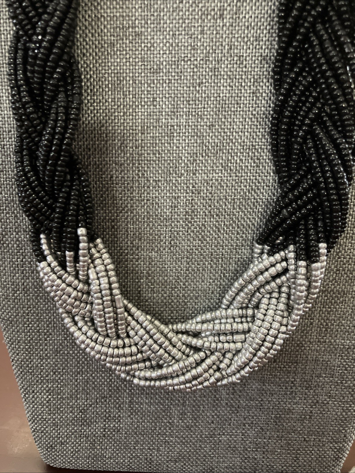 Handmade Black Silver Beaded Necklace Braided Multi Strand Chunky Statement Boho