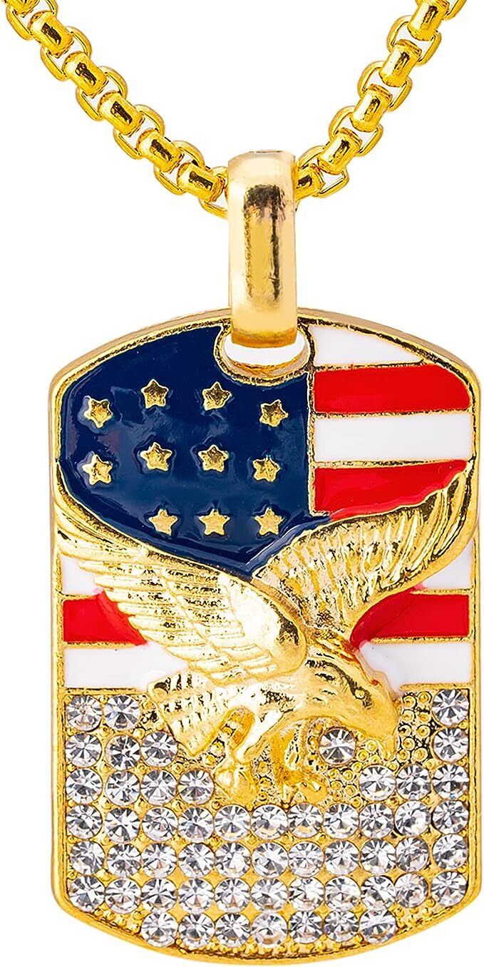 Stainless Steel American Eagle Dog Tag Pendant & 3mm 24″ Rolo Chain Necklace