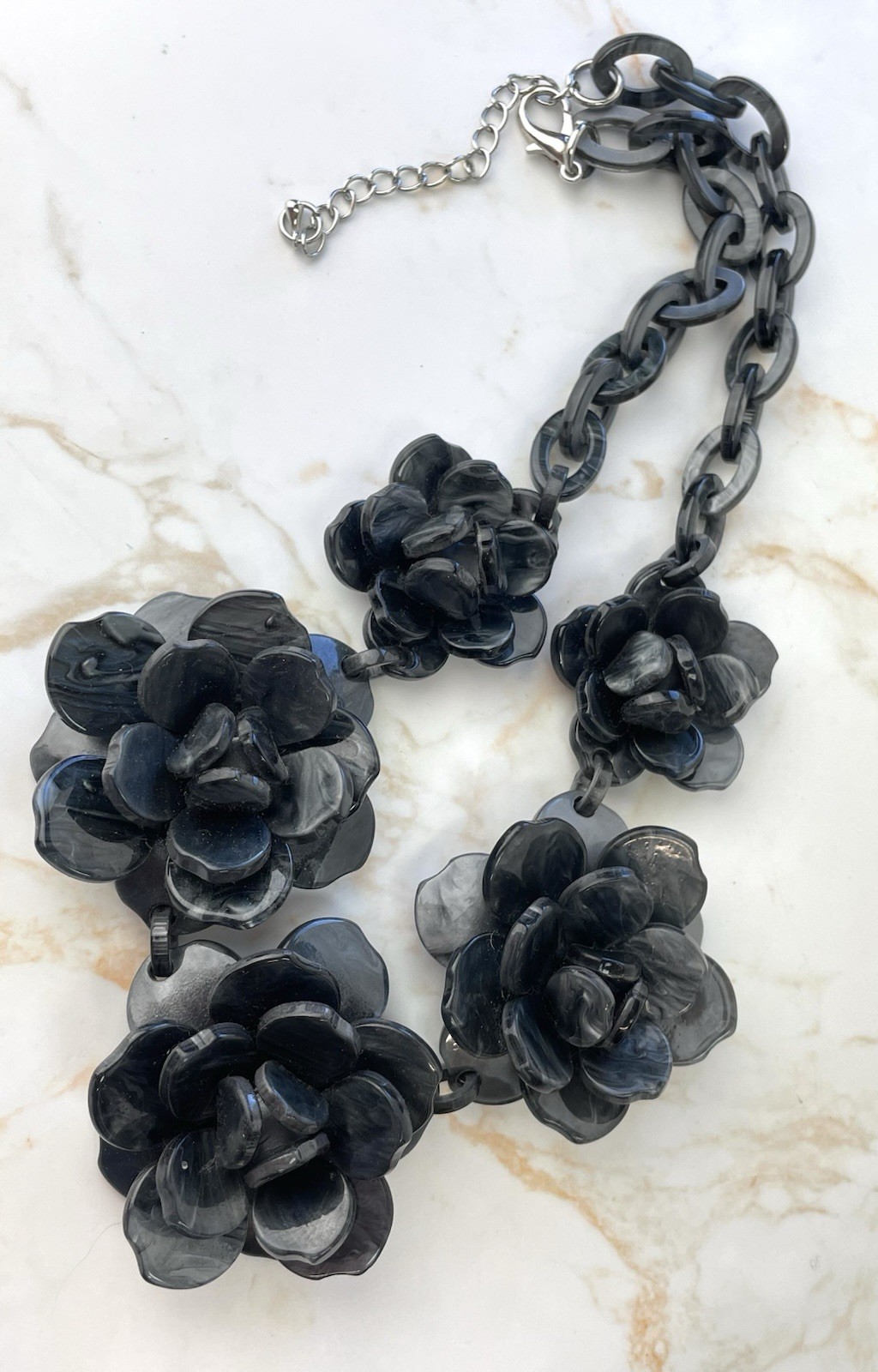 Statement Necklace Large Black Grey Marble Effect Acrylic Flowers