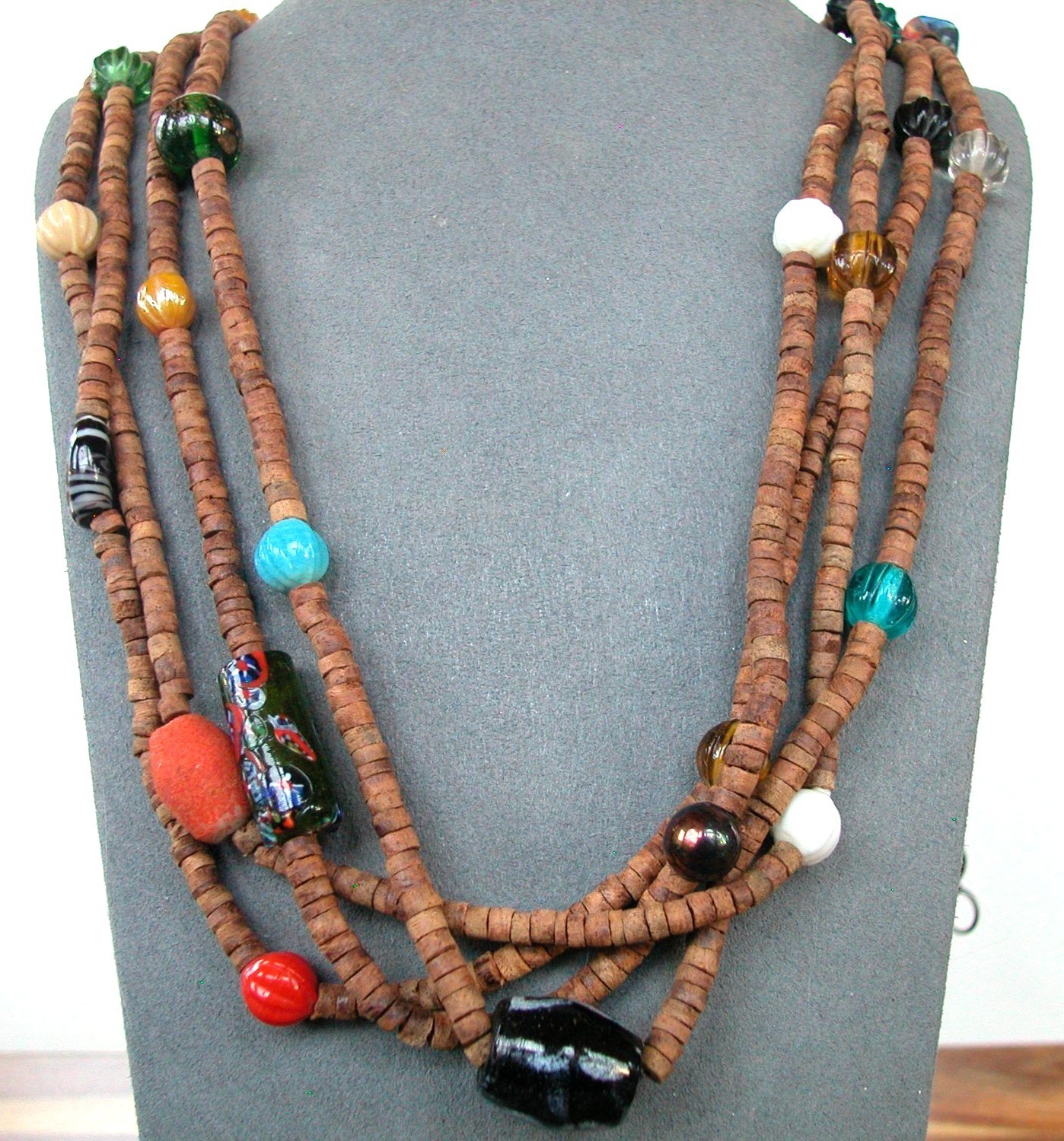 30 Inch Multi-Strand Wood Beaded Necklace With Colorful Glass Accents