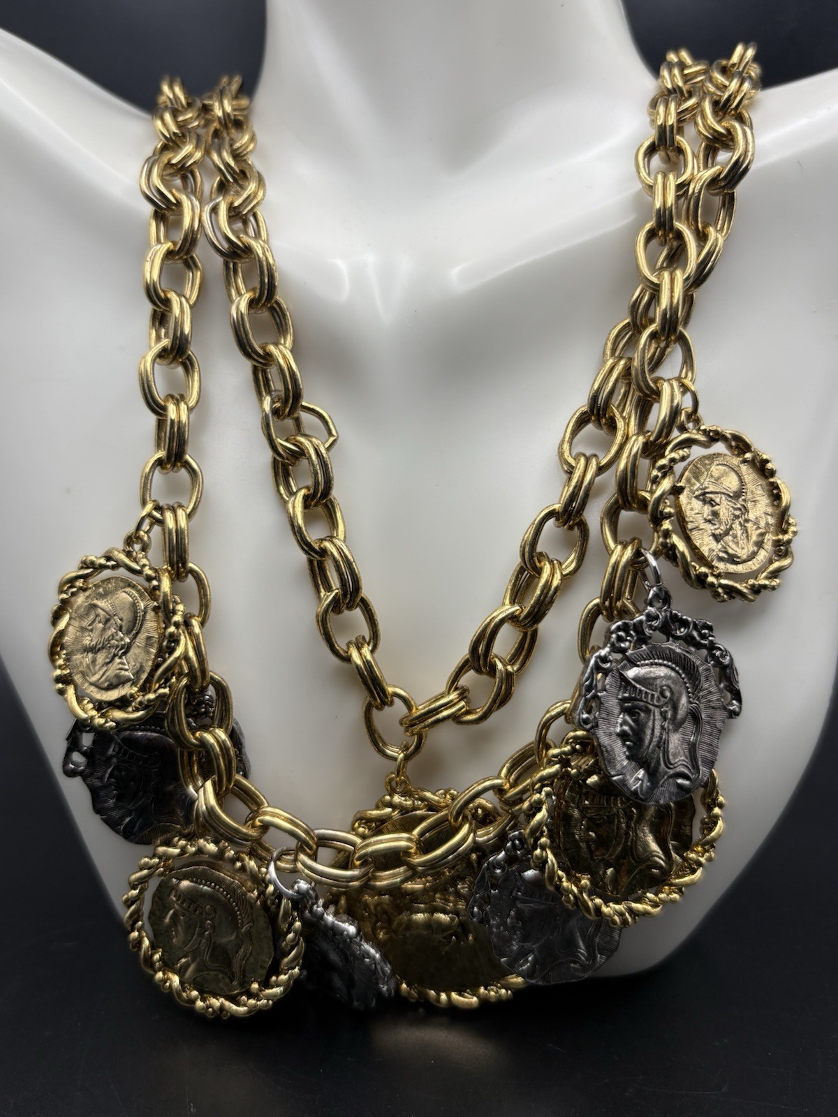 coin charm necklace Earrings Set Layered Two Tone Roman Greek Soldier Medallion