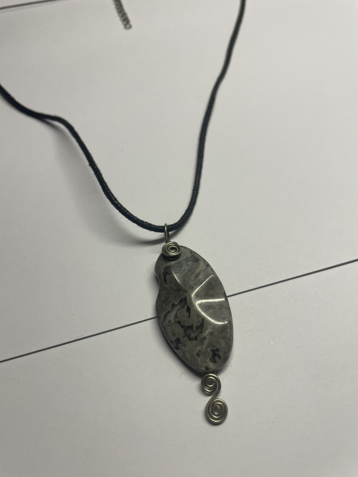 Women’s Grey Natural Stone Pendant / Black Cord Costume Necklace