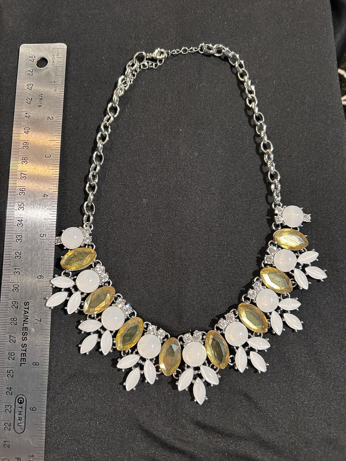Silver Tone Bib Necklace White Rhinestone & Yellow Glass Oval Link (Halloween)