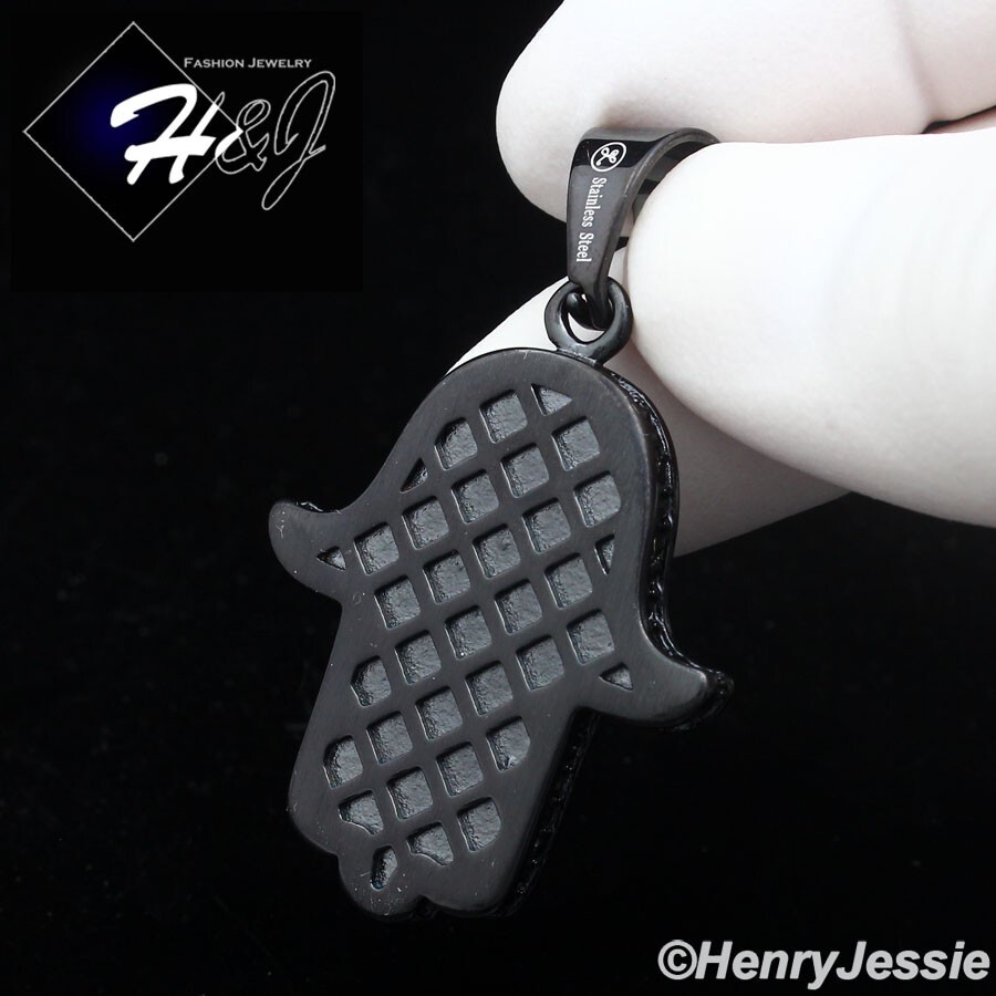 MEN Stainless Steel Icy Bling CZ Black Plated 3D Evil Eye Hamsa Hand Pendant*140