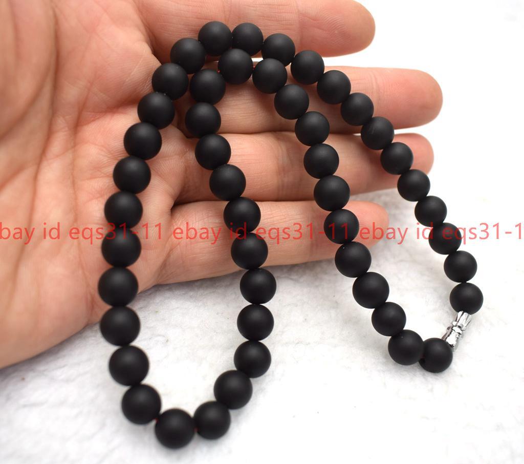 Genuine 6/8/10mm Matte Black Agate Round Gemstone Beads Necklace Bracelet Set