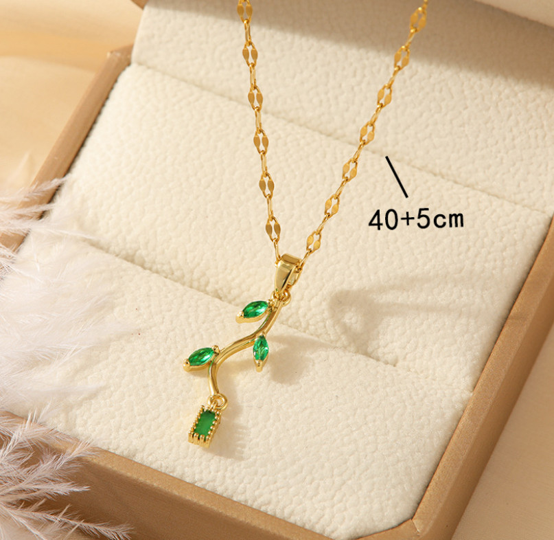 Gold Titanium Flower Branch Leaf Green Cubic Zirconia Pendant Chain Necklace