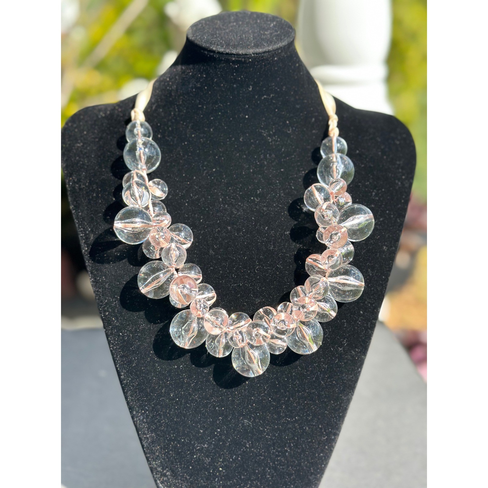 Avenue Women Clear Pink Bubble Bead Statement Necklace Ribbon Strap Gold Tone