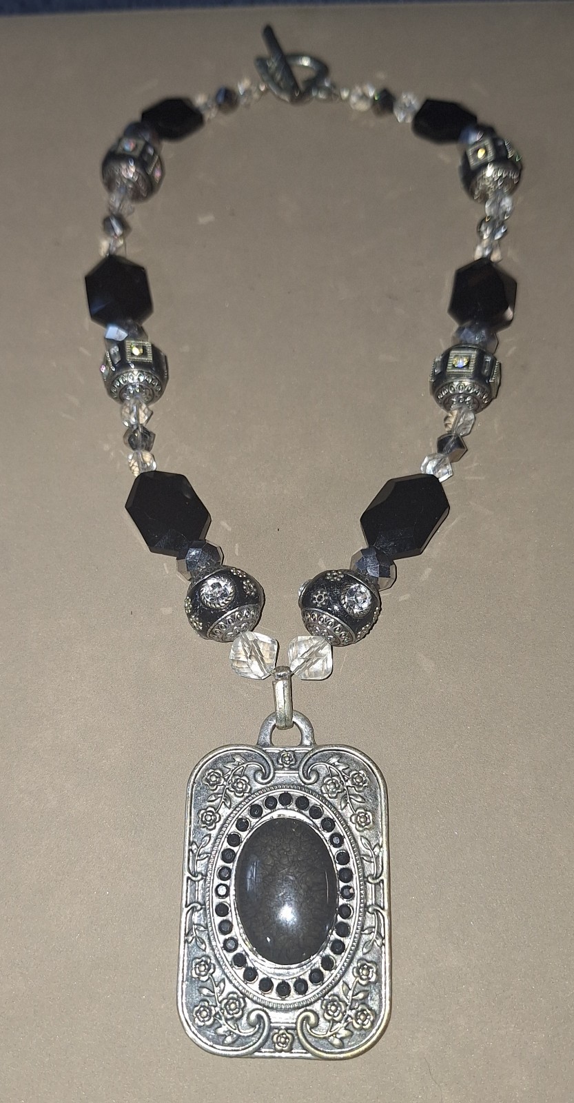 Black & Silver Tone Beaded Necklace w/ Rectangle Charm Pendant