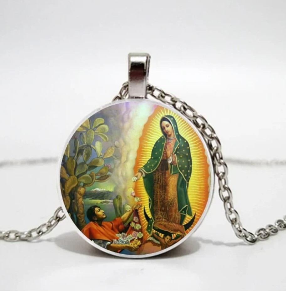 Black Alloy Glass Dome Our Lady of Guadalupe Necklace with 50cm chain + 5 cm ext