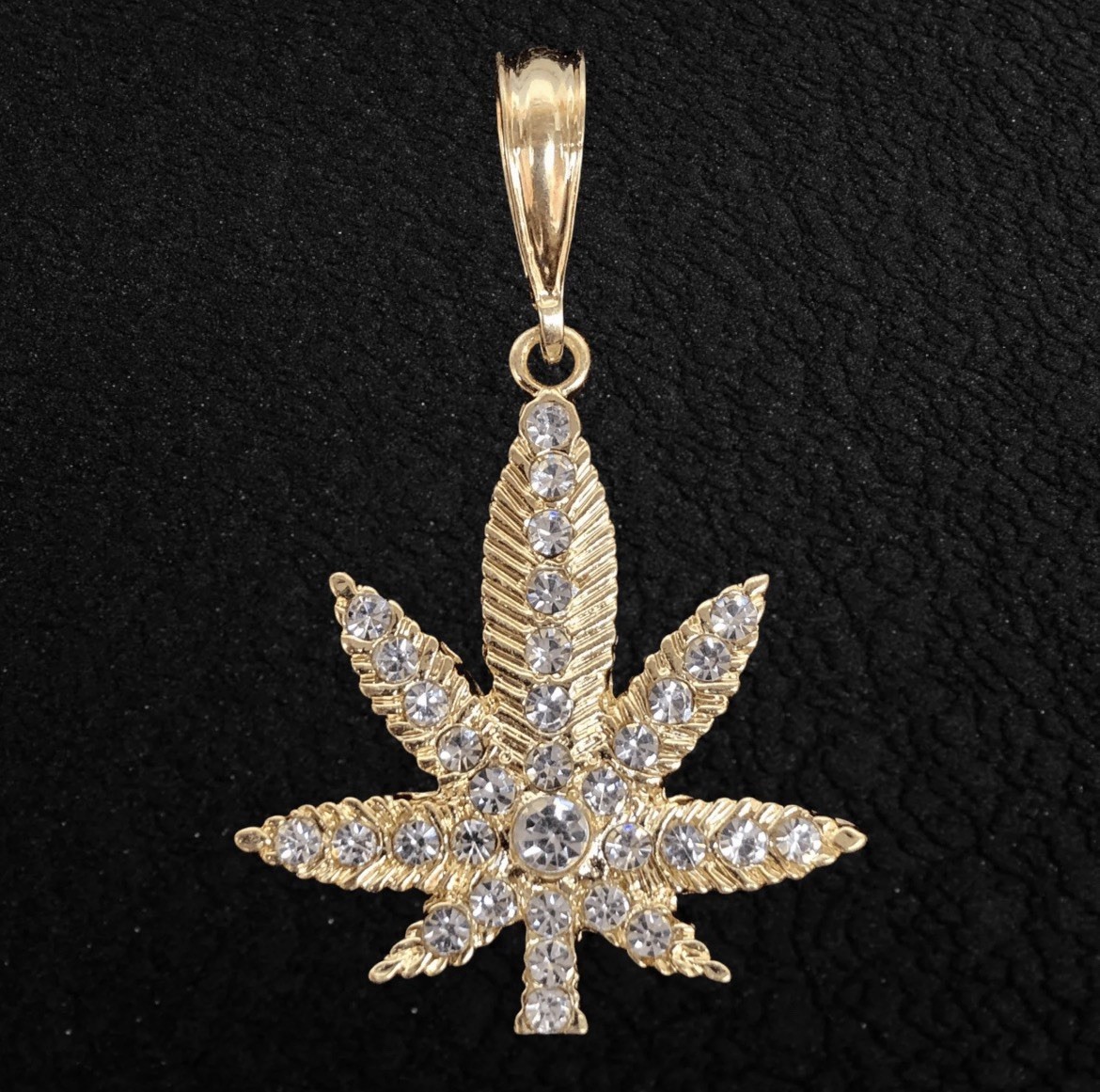 Gold-Filled Leaf Charm Pendant w/ Round White Simulated CZ Clear Stones