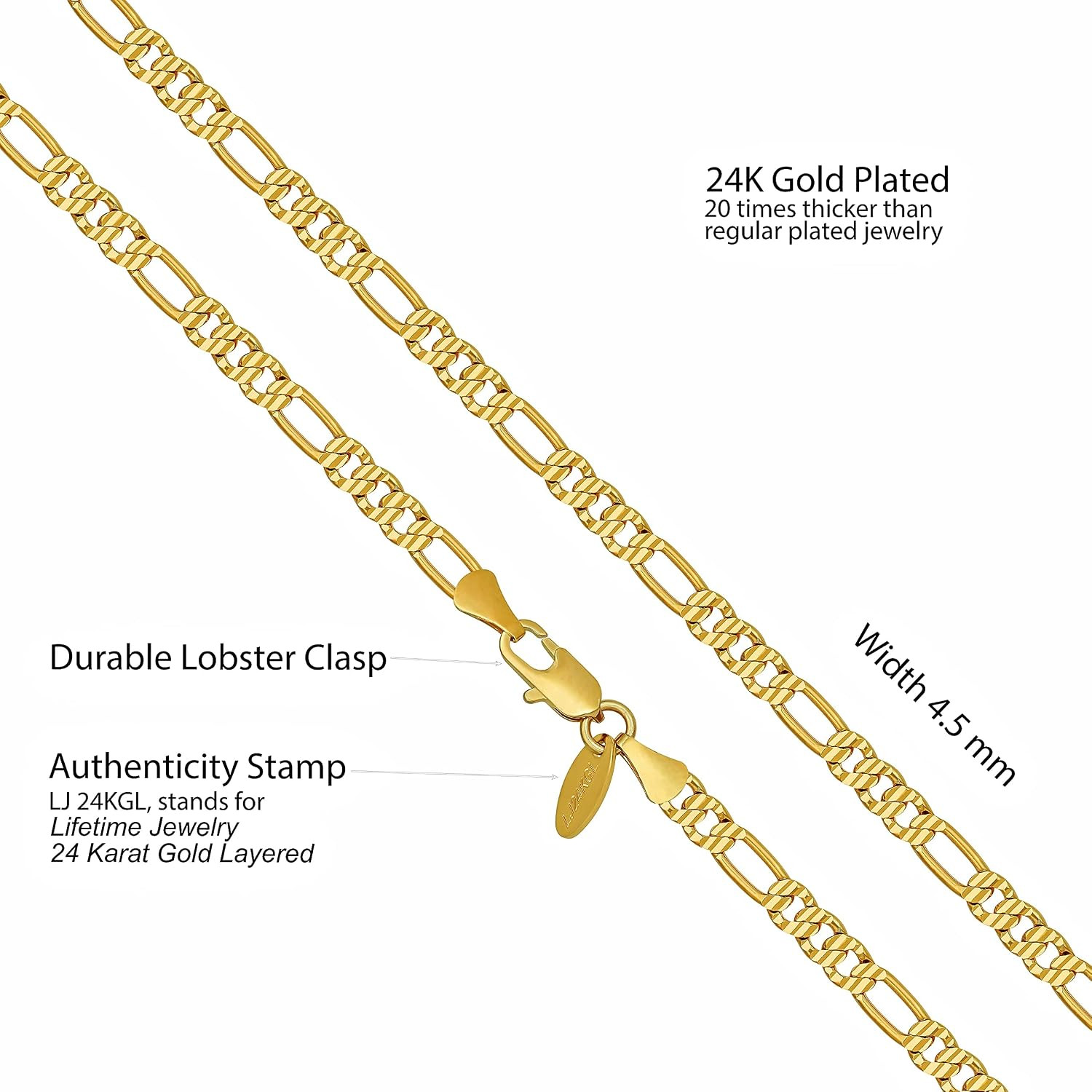 4.5Mm & 6Mm Swiss Diamond Cut Figaro Chain Necklaces 24K Real Gold Plated