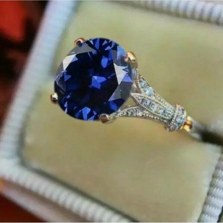 3.20 Ct Round Natural Sapphire Diamond Ring 14K Solid White Gold