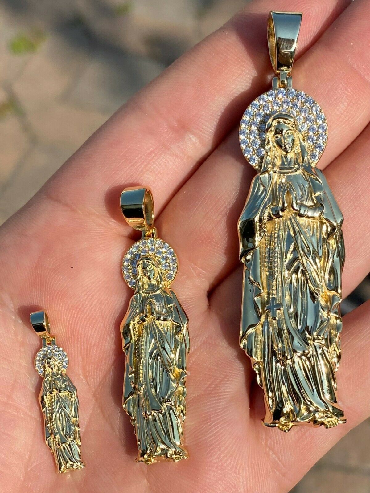 Real MOISSANITE 925 Silver 14k Gold Plated Virgin Mary Pendant Iced Necklace