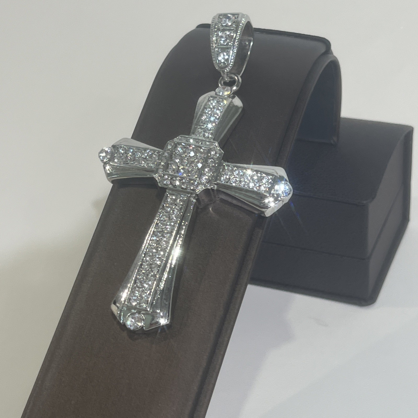 Stainless Steel Cross Pendant, White Cz Iced Out Hip-Hop Layered Bling Charm 19
