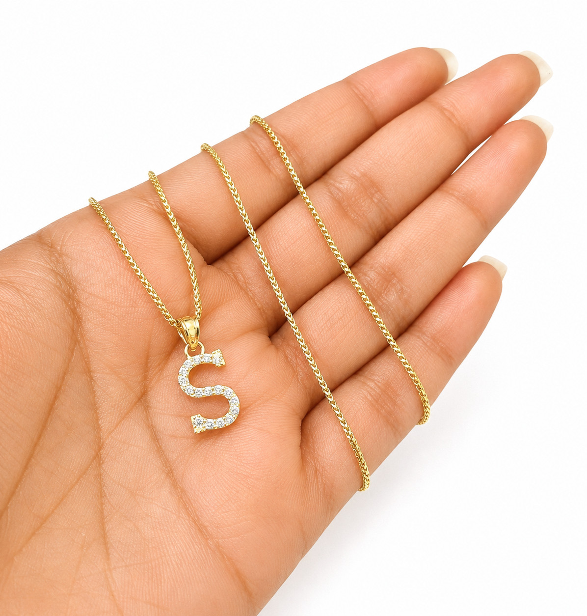 10K Gold Solid Franco Chain S Initial CZ Stone Pendant Set 1mm 16 18 20 22 Women