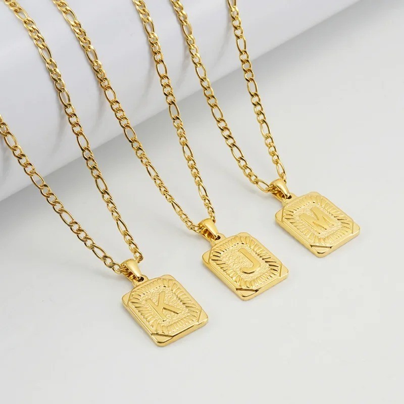 Initial Letter Pendant Necklace Stainless Steel Cuban Link Chain Alphabet Neckla