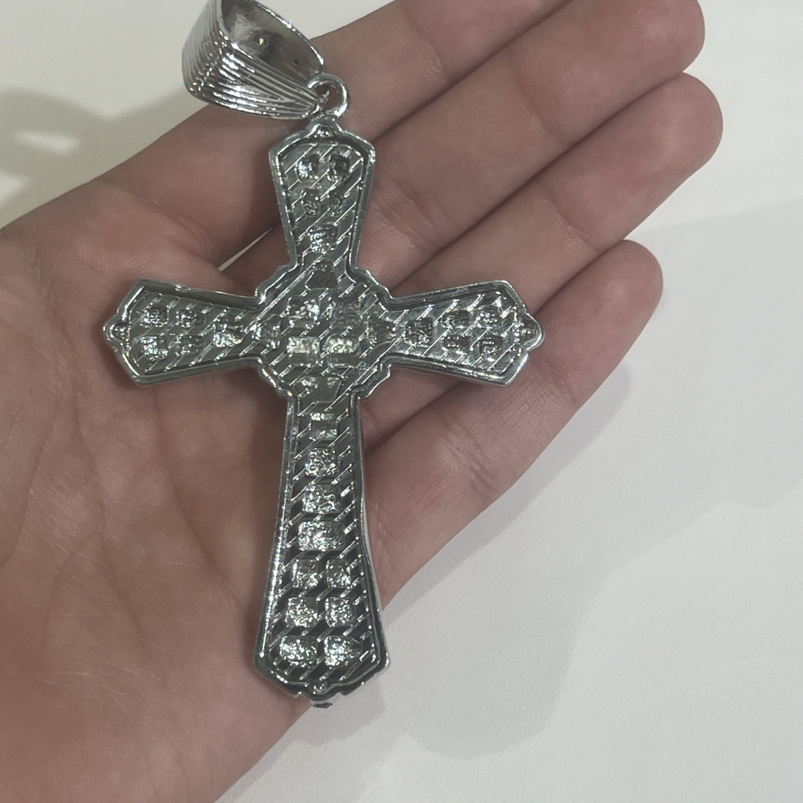 Stainless Steel Cross Pendant, White Cz Iced Out Hip-Hop Layered Bling Charm 19
