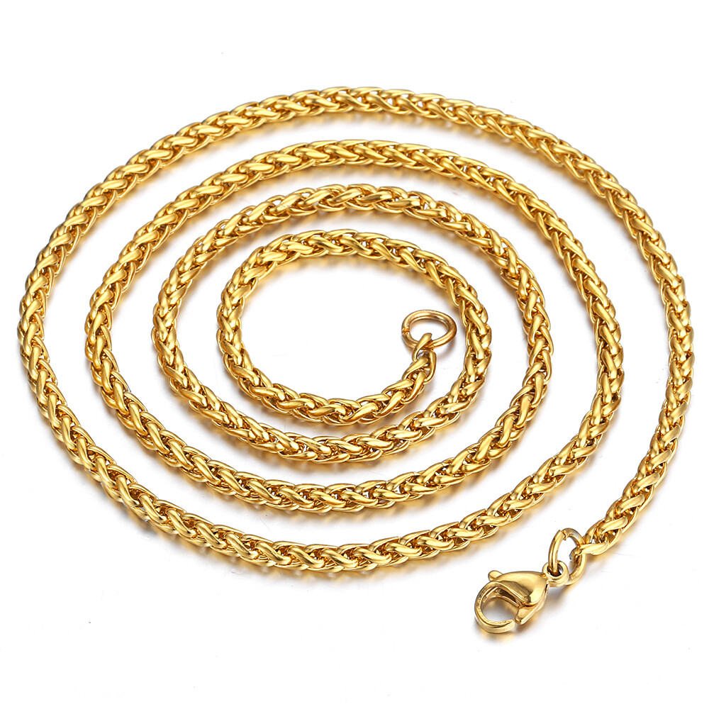 3mm Unisex Gold Plated Stainless Steel Wheat Spiga Chain Necklace For Women Men