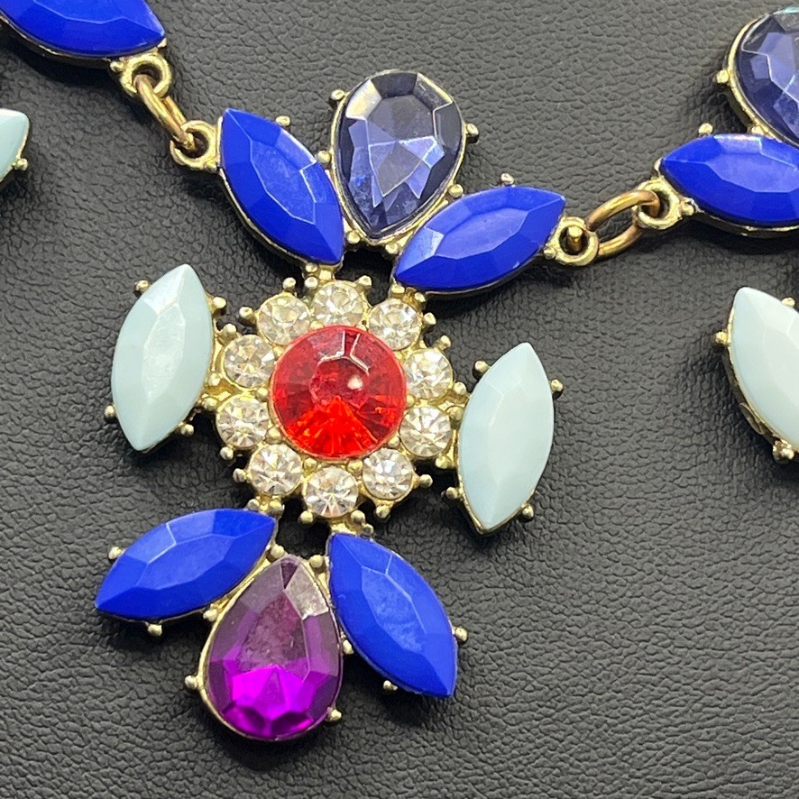 Vintage Colourful Statement Necklace Red Blue Purple Crystal 50cm Gold Tone