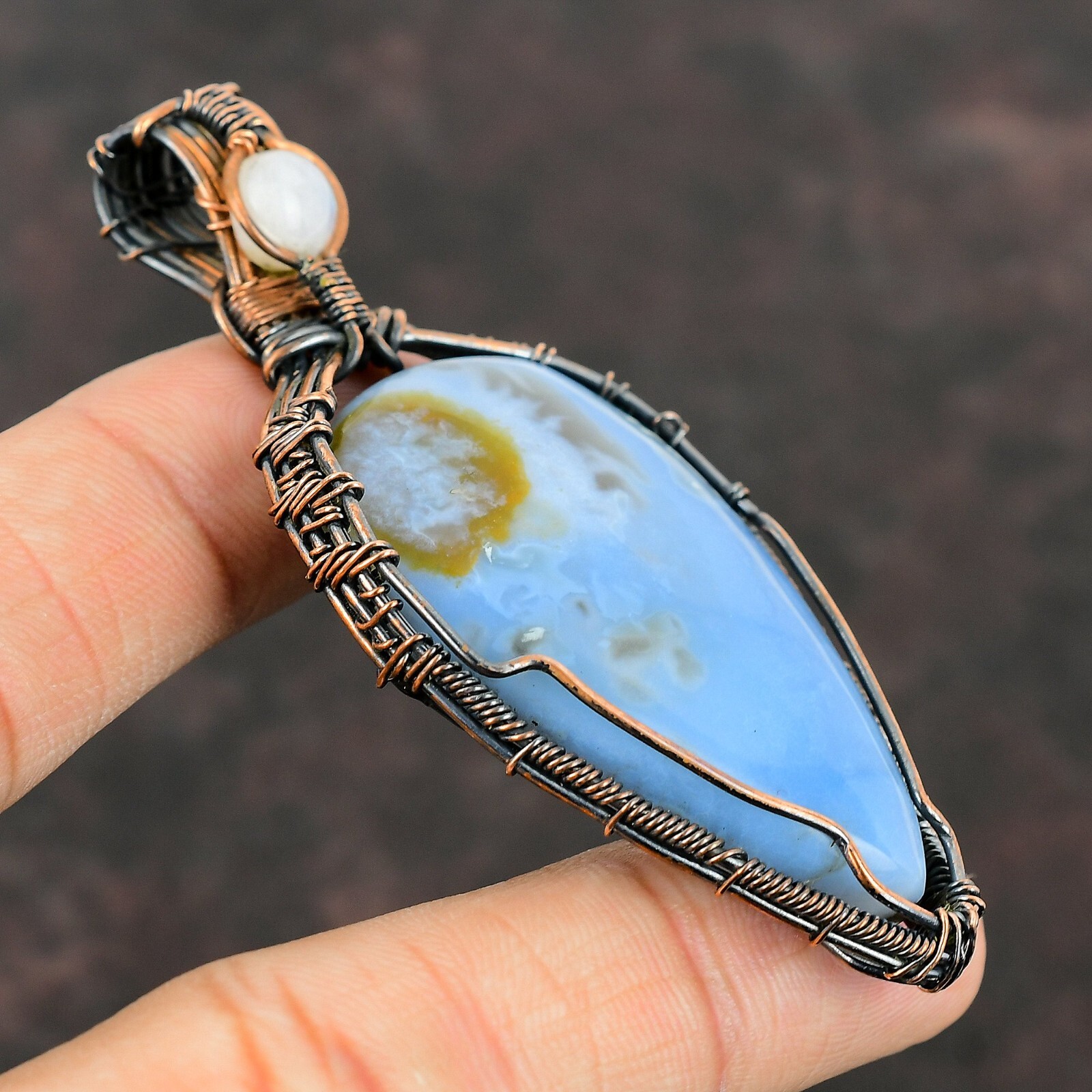 Natural Owyhee Blue Opal Gemstone Pendant Wire Wrapped Unknown Copper Jewelry
