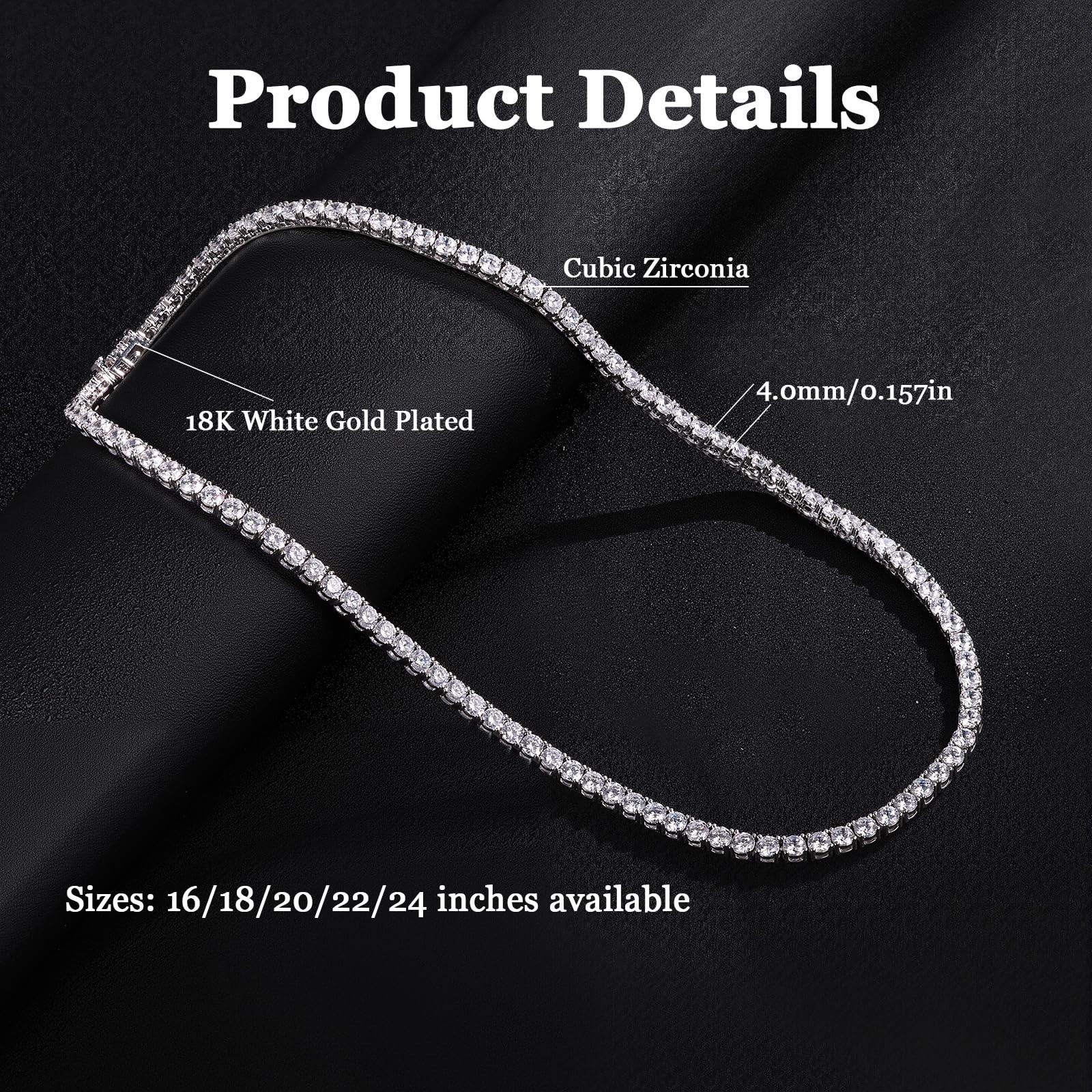 4.0mm CZ Tennis Necklace, 18K Gold Plated, Round Cubic Zirconia, Adjustable 16-2