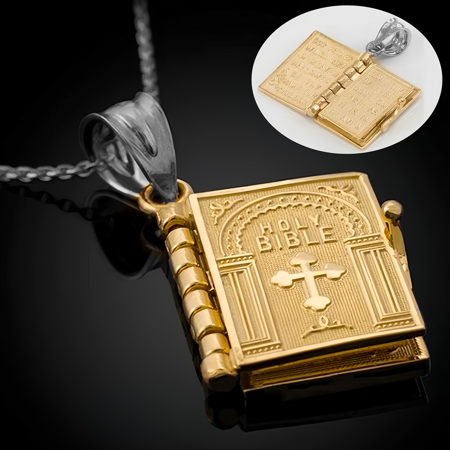 Bible Book Pendant Necklace Vintage Gold Cross Unique Jewelry For Men Women US