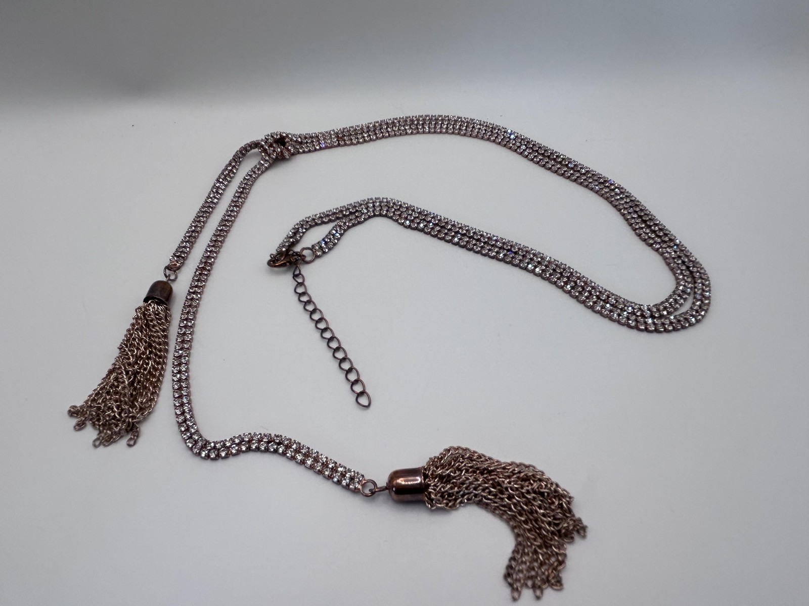 Necklace Gold Tone Rhinestone Lariat Y-Drop Tassel Fringe Crystal Lobster Clasp