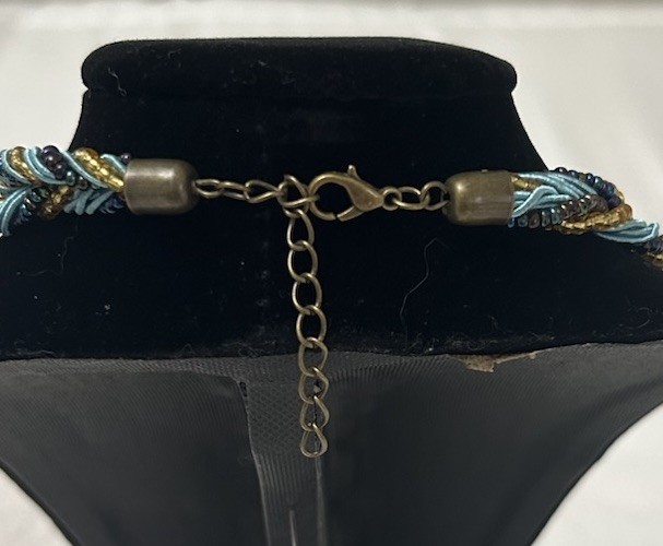 Boho Blue & Gold Tone Braided Chain Round Charm Pendant Necklace Lobster Adjust