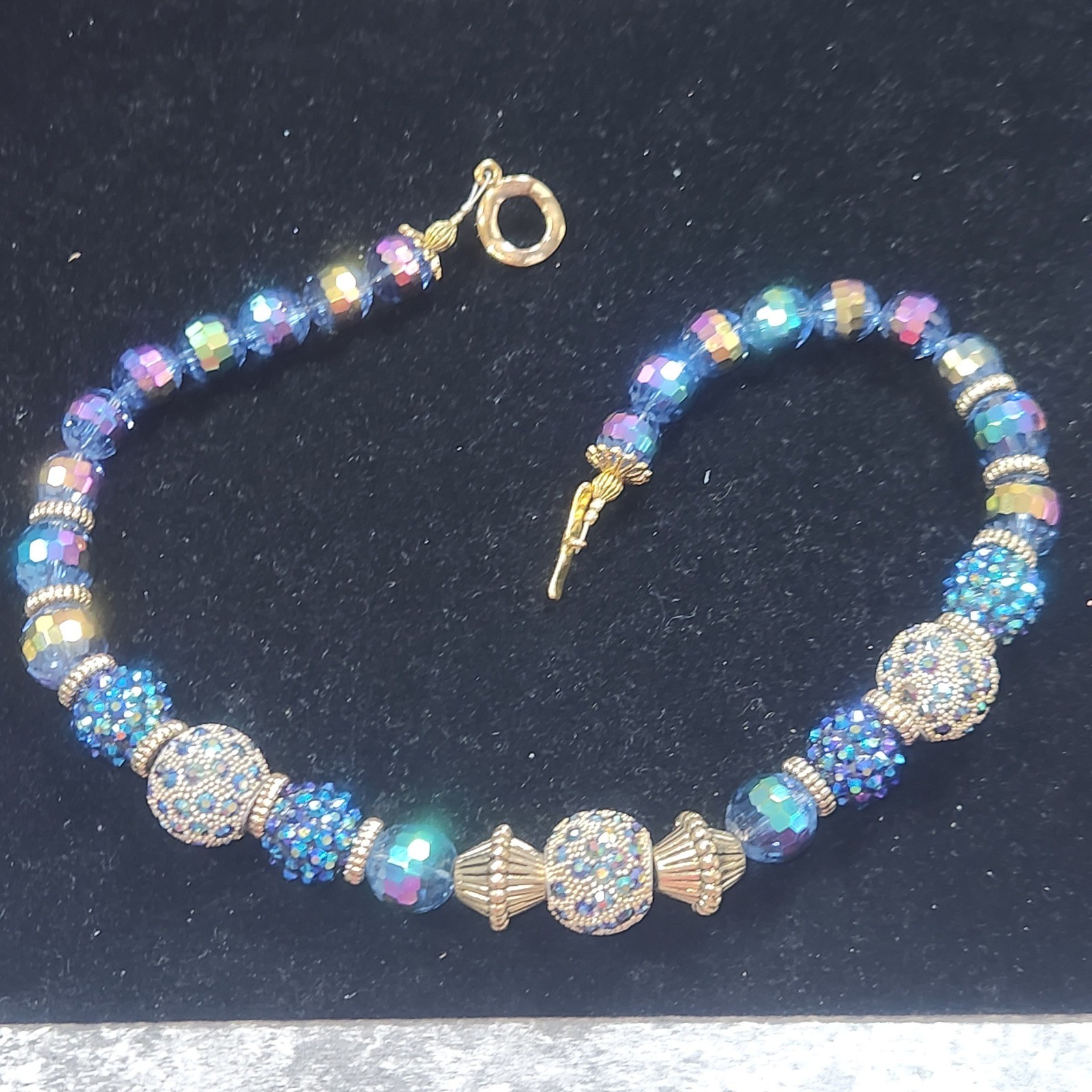 Blue Aurora Borealis Crystal Bead Necklace Gold Tone Pave Disco Ball 16 Inch