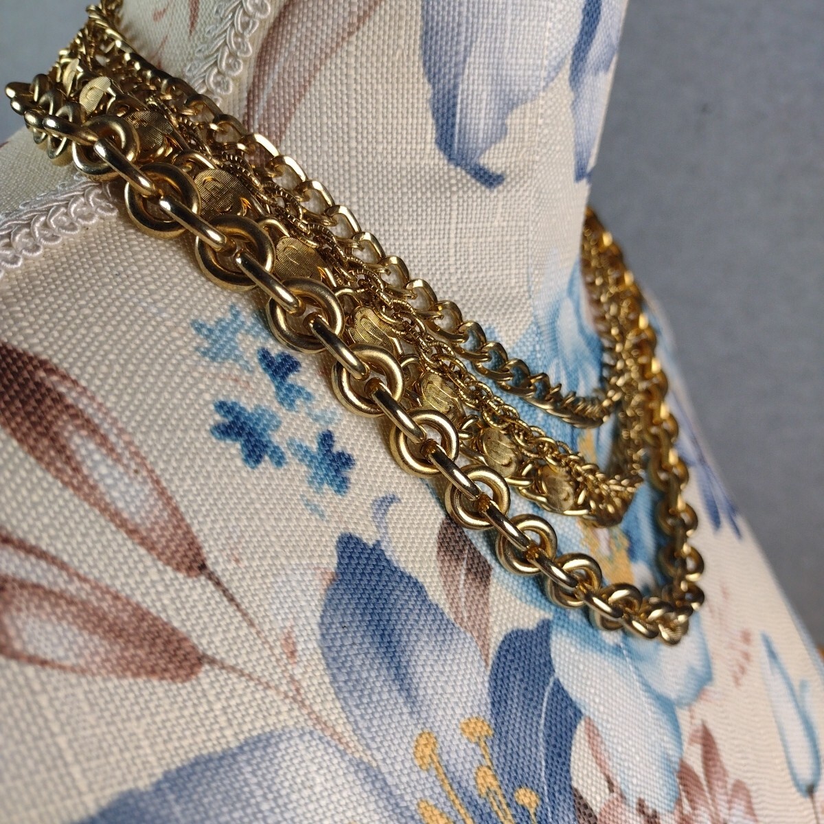 Gold Tone Hoop Closure Four Layer Chain Necklace Various Ornate Chain Styles