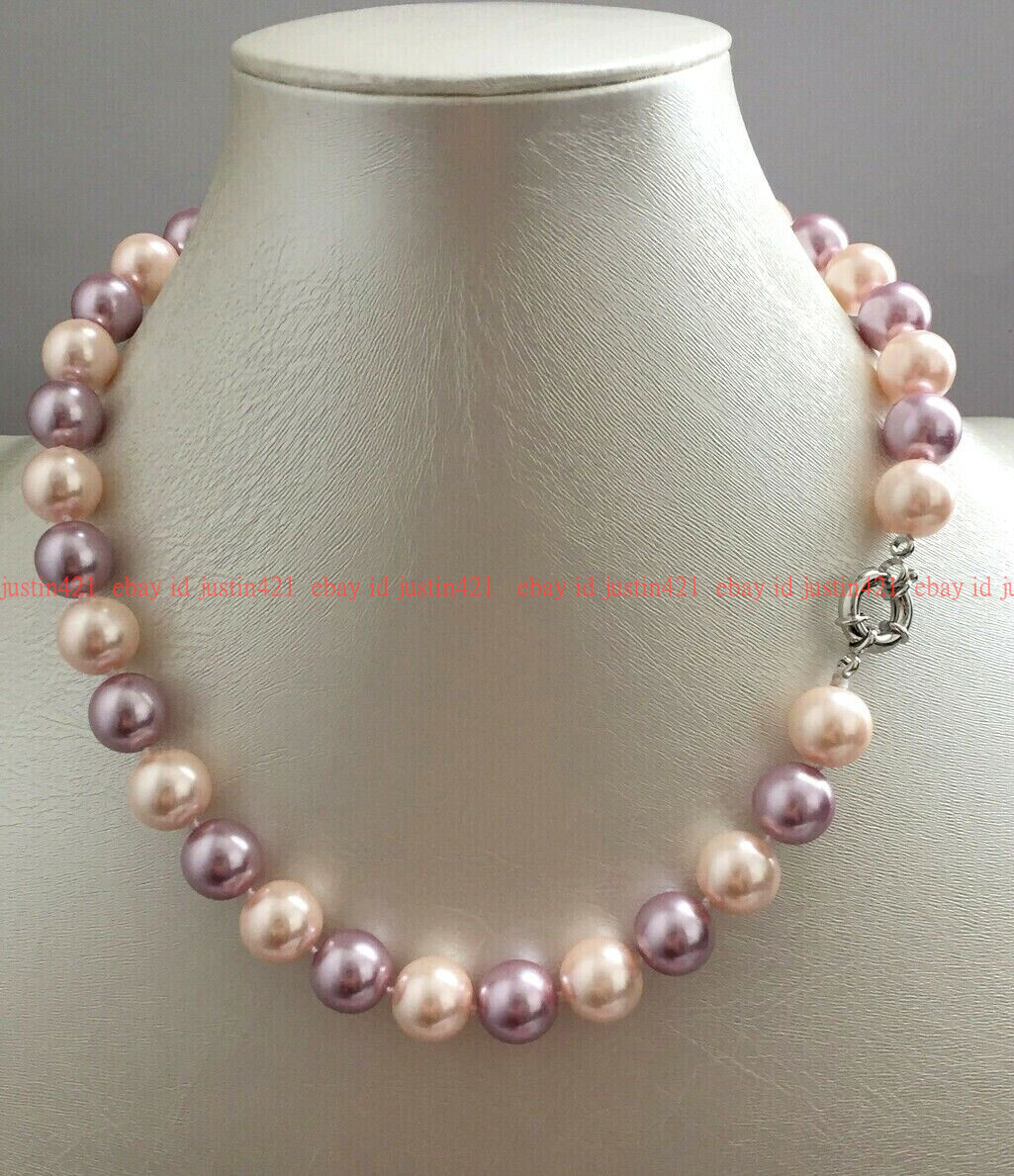 16″ 18″ 20″ 22 ” 24″ 8/10/ 12mm Purple & Pink Shell Pearl Round Beads Necklace