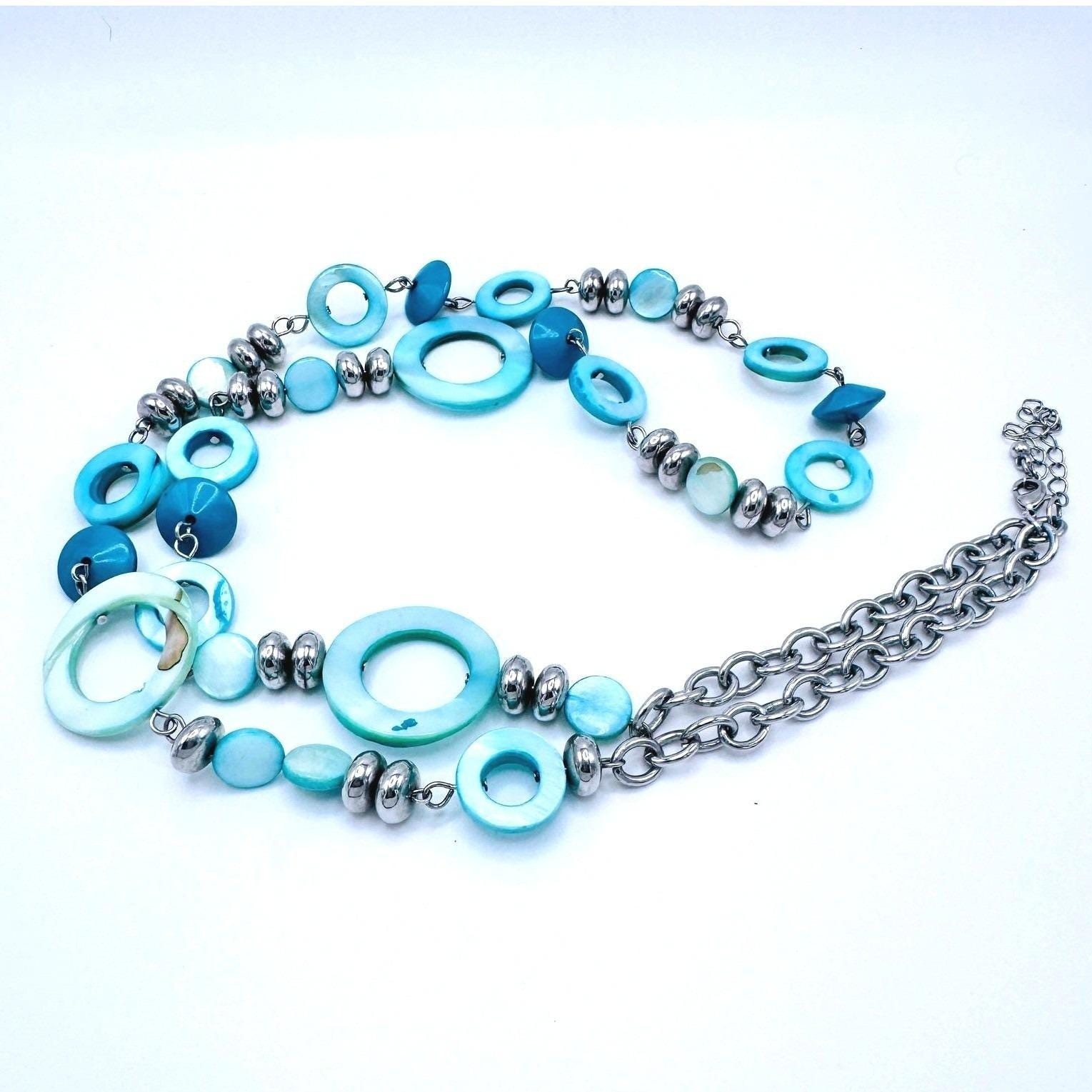 Long Boho Shell Necklace Blue Aqua Chunky Coastal Silver Tone Statement 36″ Y2K